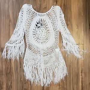 Sexy White Crochet Swim Coverup Boho Mini Dress M